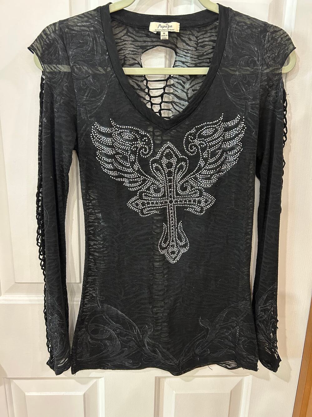 PapaYa black rhinestone cross angel wings Y2K burnout grunge